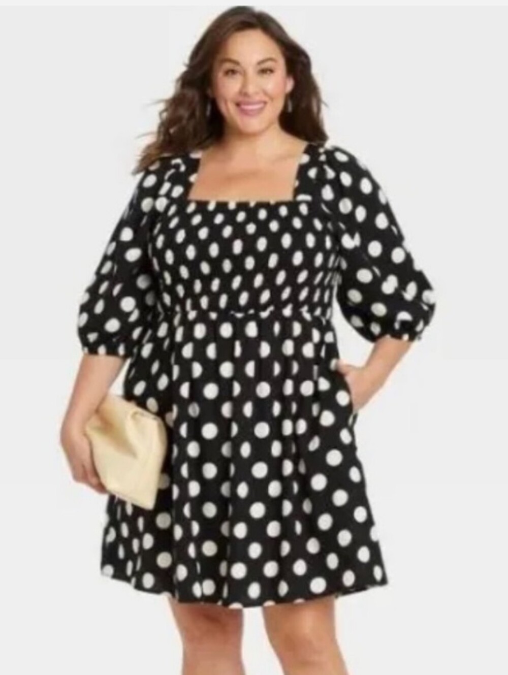 Ava & Viv Dress 2X Black Off White Polka Dot Smock Bodice Puff Sleeve Pockets